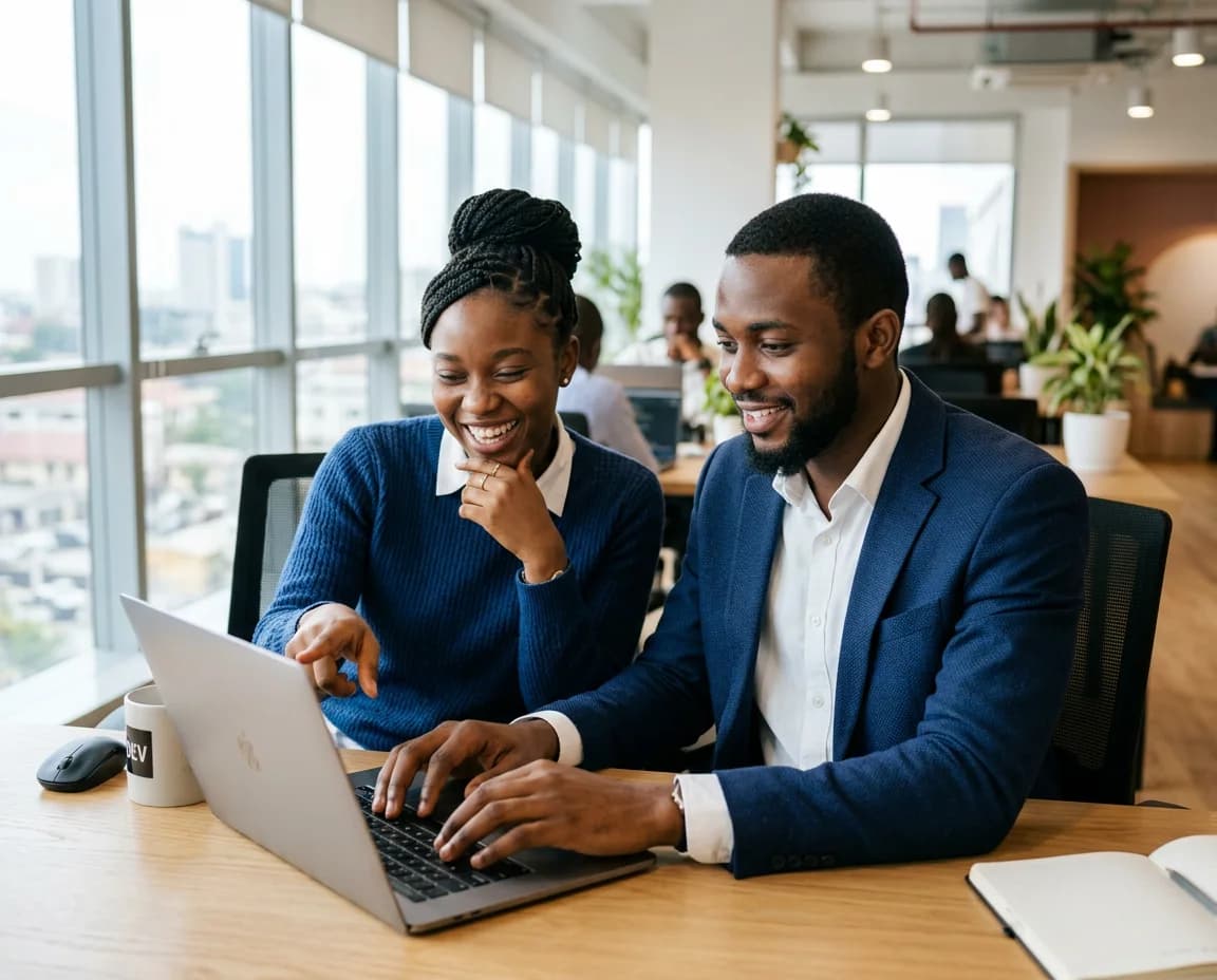 Two African tech colleagues pair-programming at a laptop in a bright modern office