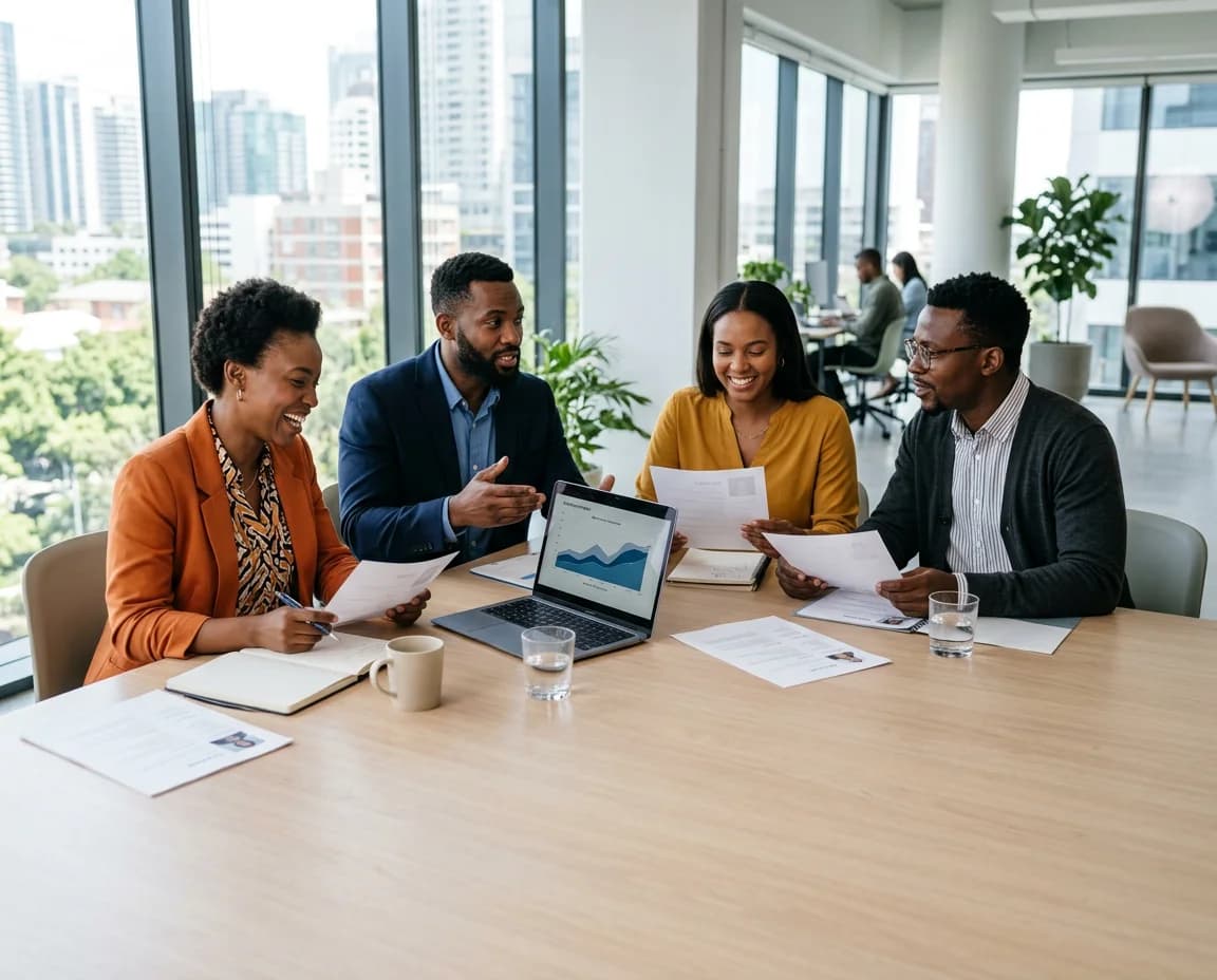 A hiring team reviewing candidate CVs around a table in a bright office